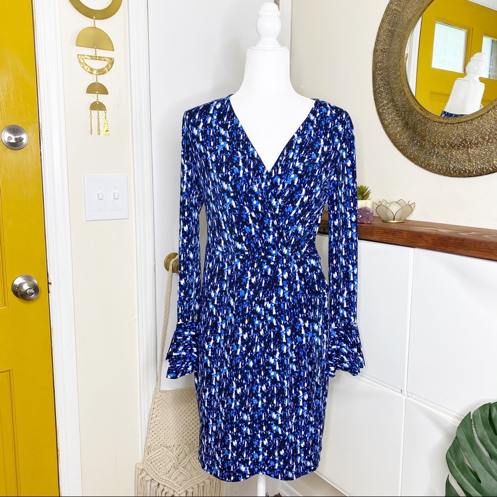 London Times 10 Long Sleeve V neck Faux Wrap Dress